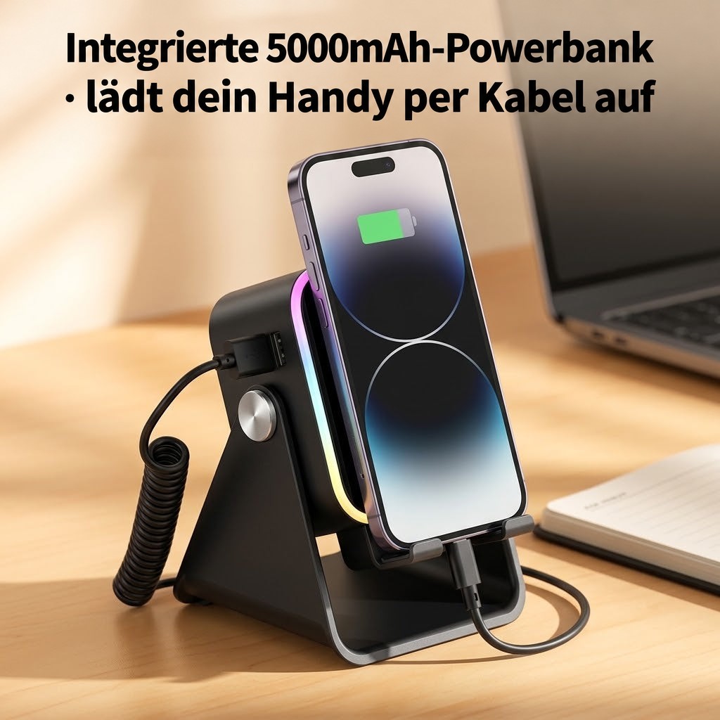 Schwarzer Ständer mit Smartphone, das über ein Spiralkabel am USB-Anschluss lädt, auf einem Schreibtisch neben Laptop und 5