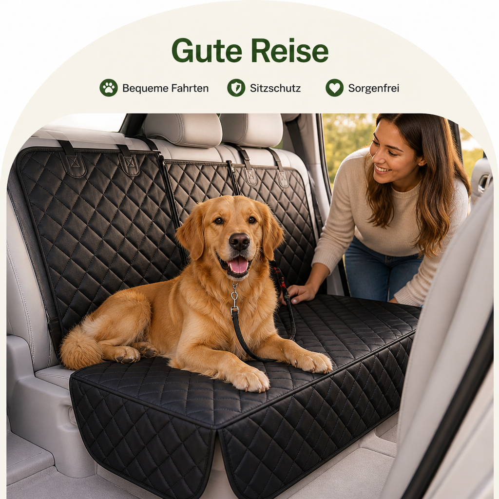 Golden Retriever liegt auf der schwarzen Rückbankabdeckung im Auto, während eine lächelnde Frau von der Seite zu ihm herunterschaut. 5