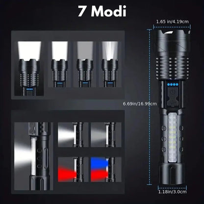 Militärische Taschenlampe 5000 Lumen, schwarz, 7 Modi, Outdoor, robust, kompakt.