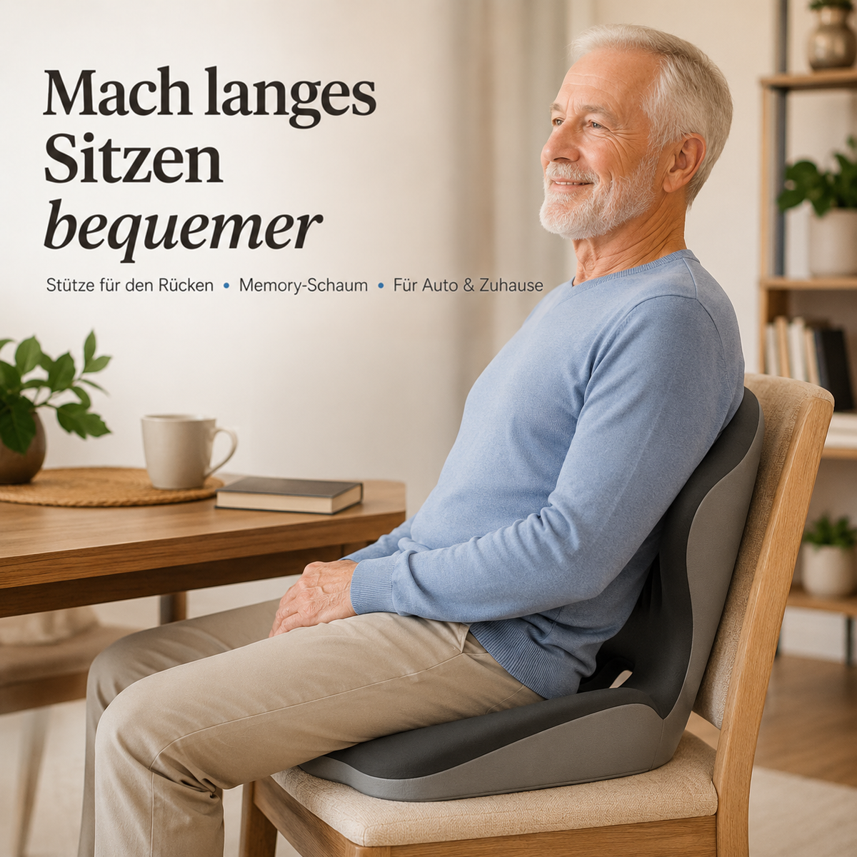 Älterer Mann in blauem Pullover sitzt entspannt mit dem grauen Sitzkissen auf einem Holzstuhl am Tisch 1