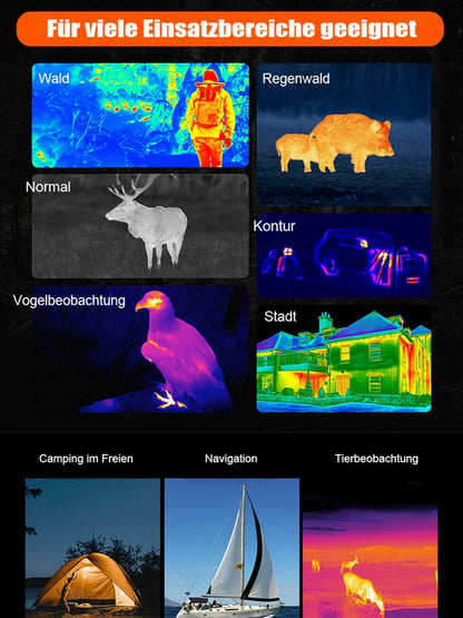 Übersicht von Wärmebildaufnahmen in Wald, Stadt und Vogelbeobachtung sowie Fotos von Zelt, Segelboot und Tieren 5