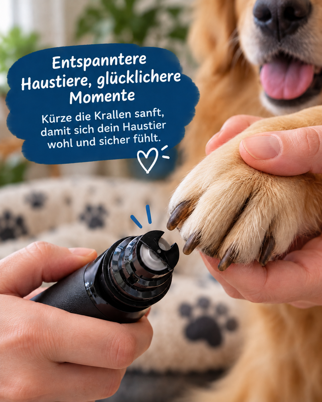 Nahaufnahme: Der Schleifkopf wird an die Krallen einer Hundepfote gehalten, mit Textbanner im Bild 2