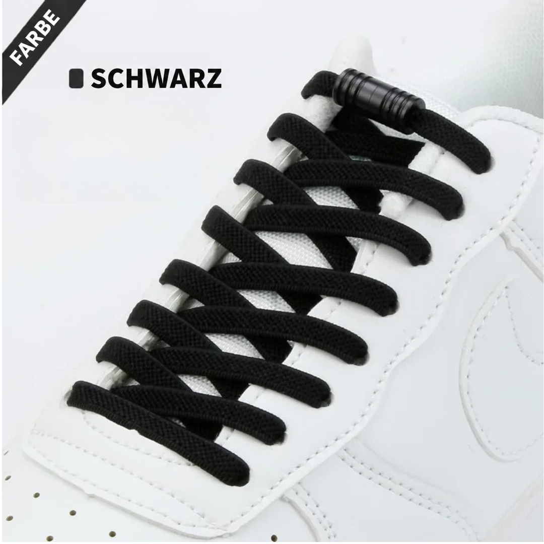 Schwarze elastische Flachsenkel mit schwarzer Metallkapsel an einem weißen Sneaker, Farbvariante Schwarz 4