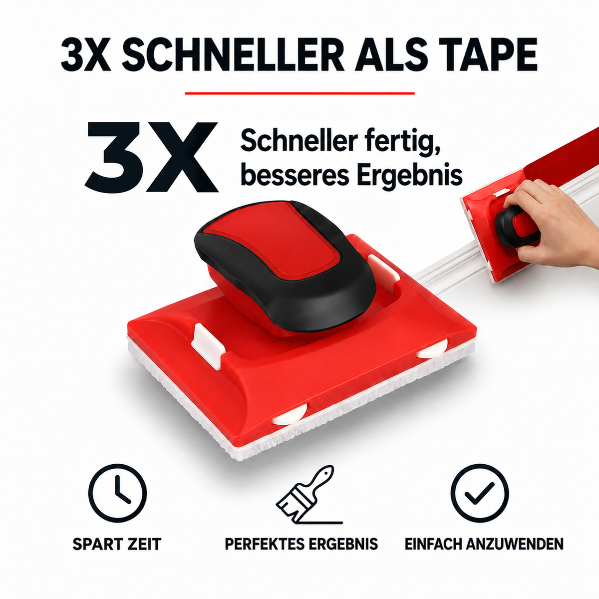 Rotes Werkzeug mit schwarzem Griff in Schrägansicht, rechts oben streicht eine Hand entlang einer weißen Leiste 6