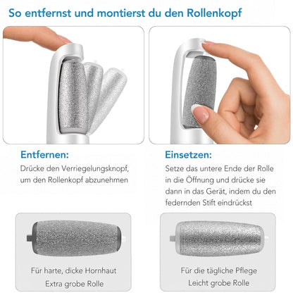 Zwei Hände zeigen, wie die Rolle per Entriegelungstaste entnommen und eingesetzt wird, unten die grobe und die feine Rolle. 4