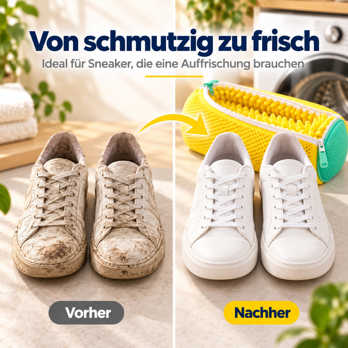 Vorher-nachher-Vergleich: stark verschmutzte Sneaker links, saubere weiße Sneaker rechts neben der Tasche 5