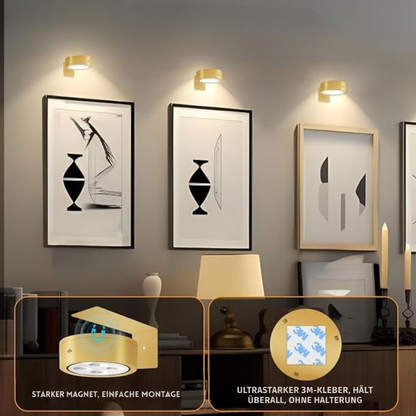 Drei goldene Leuchten über Bilderrahmen, dazu Detailansichten von Magnethalterung und Klebepad für die Montage 6