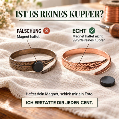 Infografik, die ein dunkles Armband mit Magnet und ein kupferfarbenes Federarmband ohne Magnet gegenüberstellt, um Echtheit 3