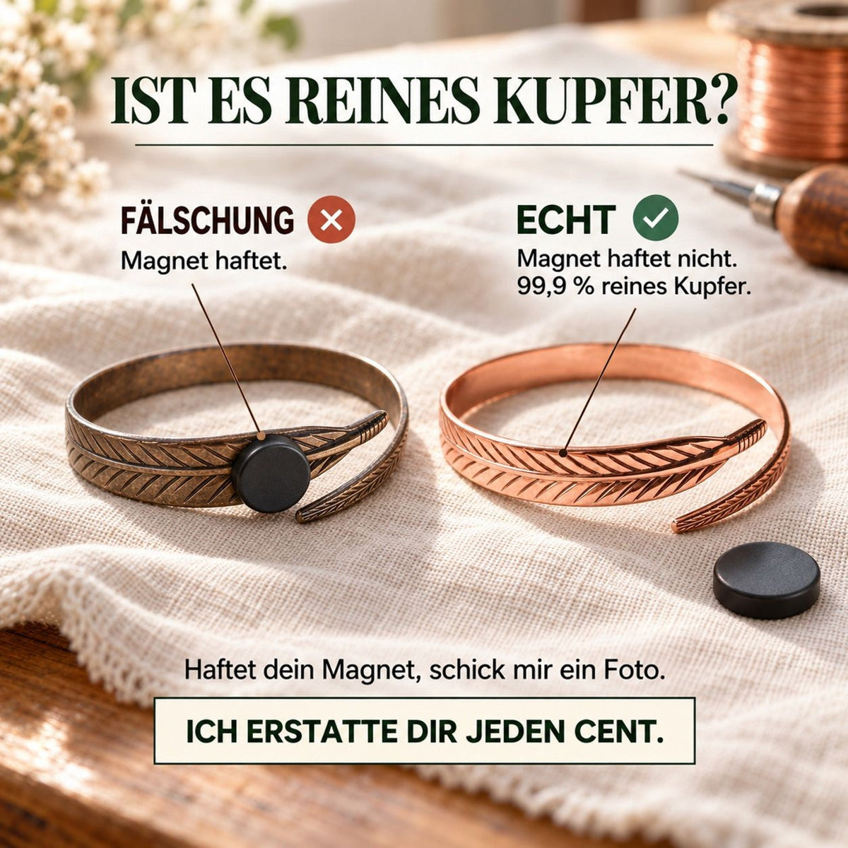 Infografik mit zwei Armbändern im Vergleich, ein dunkles mit haftendem Magnet und ein kupferfarbenes ohne 3