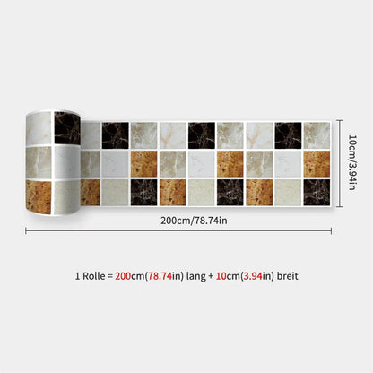 Aufgerollter Streifen mit Mosaik aus schwarzen, weißen, grauen und orangebraunen Marmorkacheln, mit Maßangaben 51