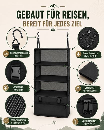 Schwarzer Hängeorganizer in der Mitte, umgeben von Detailaufnahmen zu Haken, Schnalle, Netzstoff, Ablageplatte und 2