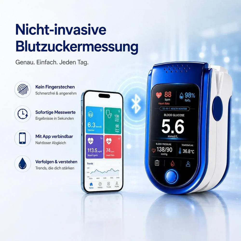 Das Messgerät neben einem Smartphone, das die Werte in einer App mit Verlaufsdiagramm zeigt, verbunden durch ein Bluetooth-Symbol. 10