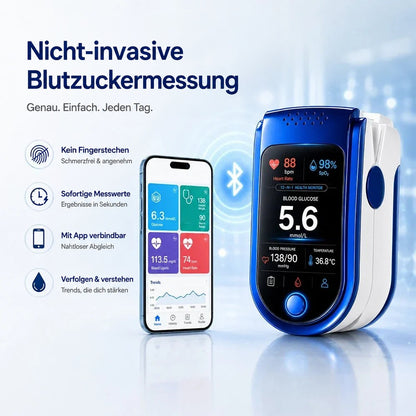 Das Messgerät neben einem Smartphone, das die Werte in einer App mit Verlaufsdiagramm zeigt, verbunden durch ein Bluetooth-Symbol. 10