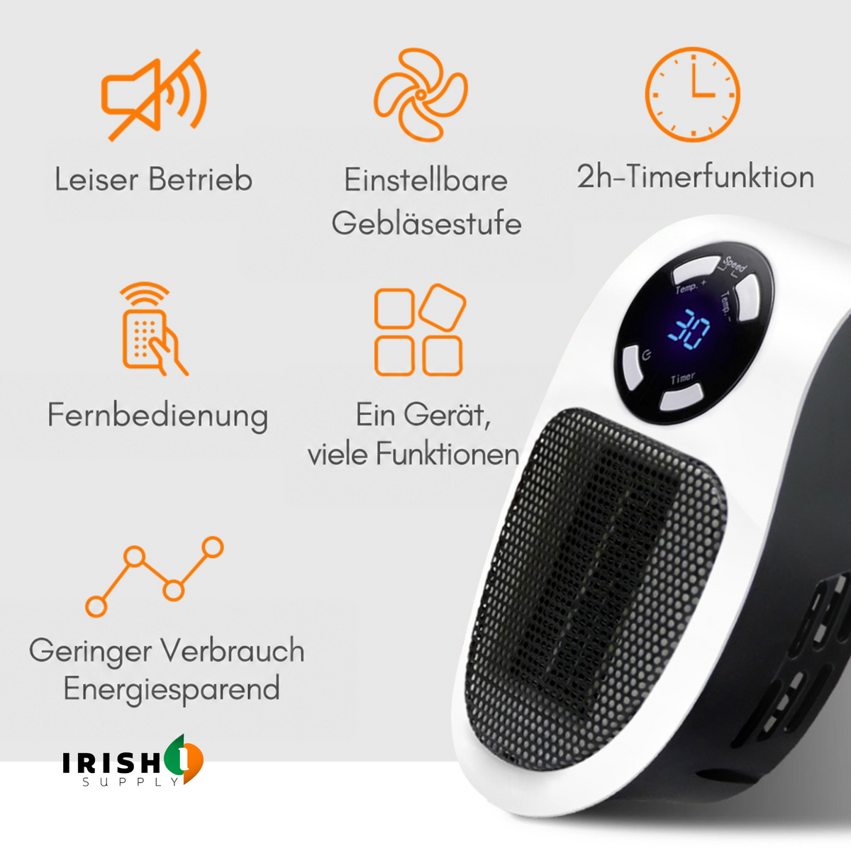 Heizer schräg von vorn, daneben Symbole für leisen Betrieb, Windstufen, Timer, Fernbedienung und Energiesparen 7