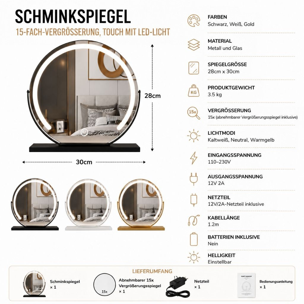 Infografik mit technischen Daten, Farbvarianten und Lieferumfang mit Netzteil, Vergrößerungsspiegel und Anleitung 14