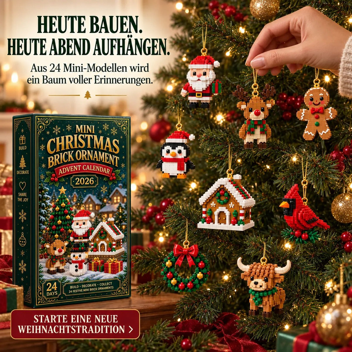 Eine Hand hängt eine gebaute Figur an den Weihnachtsbaum; weitere Figuren wie Pinguin, Rentier und Lebkuchenhaus hängen daneben. 7