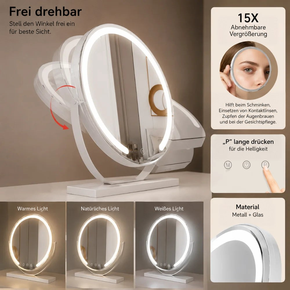 Infografik zeigt drehbaren Spiegel, abnehmbaren Vergrößerungsspiegel, Helligkeitstaste und drei Lichtfarben 5