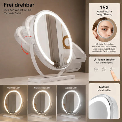 Infografik zeigt drehbaren Spiegel, abnehmbaren Vergrößerungsspiegel, Helligkeitstaste und drei Lichtfarben 5