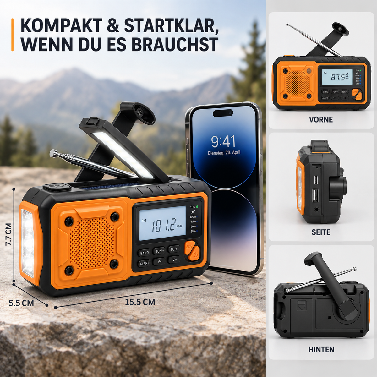 Radio auf Felsen neben einem Smartphone zum Größenvergleich, daneben Vorderseite, Seite mit Anschlüssen und Rückseite mit 3