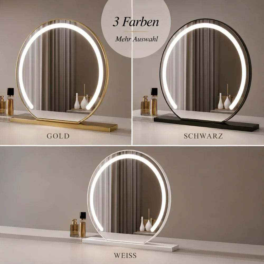 Collage des Spiegels mit leuchtendem Ring in drei Farbvarianten: Gold, Schwarz und Weiß 6