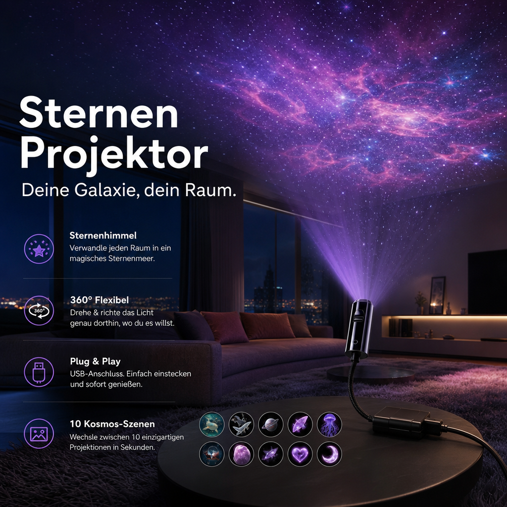 Projektor auf rundem Tisch wirft violette Nebel-Projektion in ein Wohnzimmer, davor zehn Motivvorschauen 5