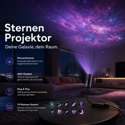 Projektor auf rundem Tisch wirft violette Nebel-Projektion in ein Wohnzimmer, davor zehn Motivvorschauen 5