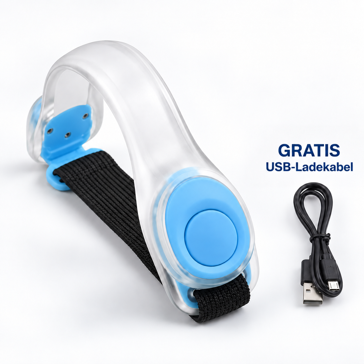 Transparentes Leuchtarmband mit blauen Akzenten und schwarzem Band, daneben ein schwarzes USB-Ladekabel 10