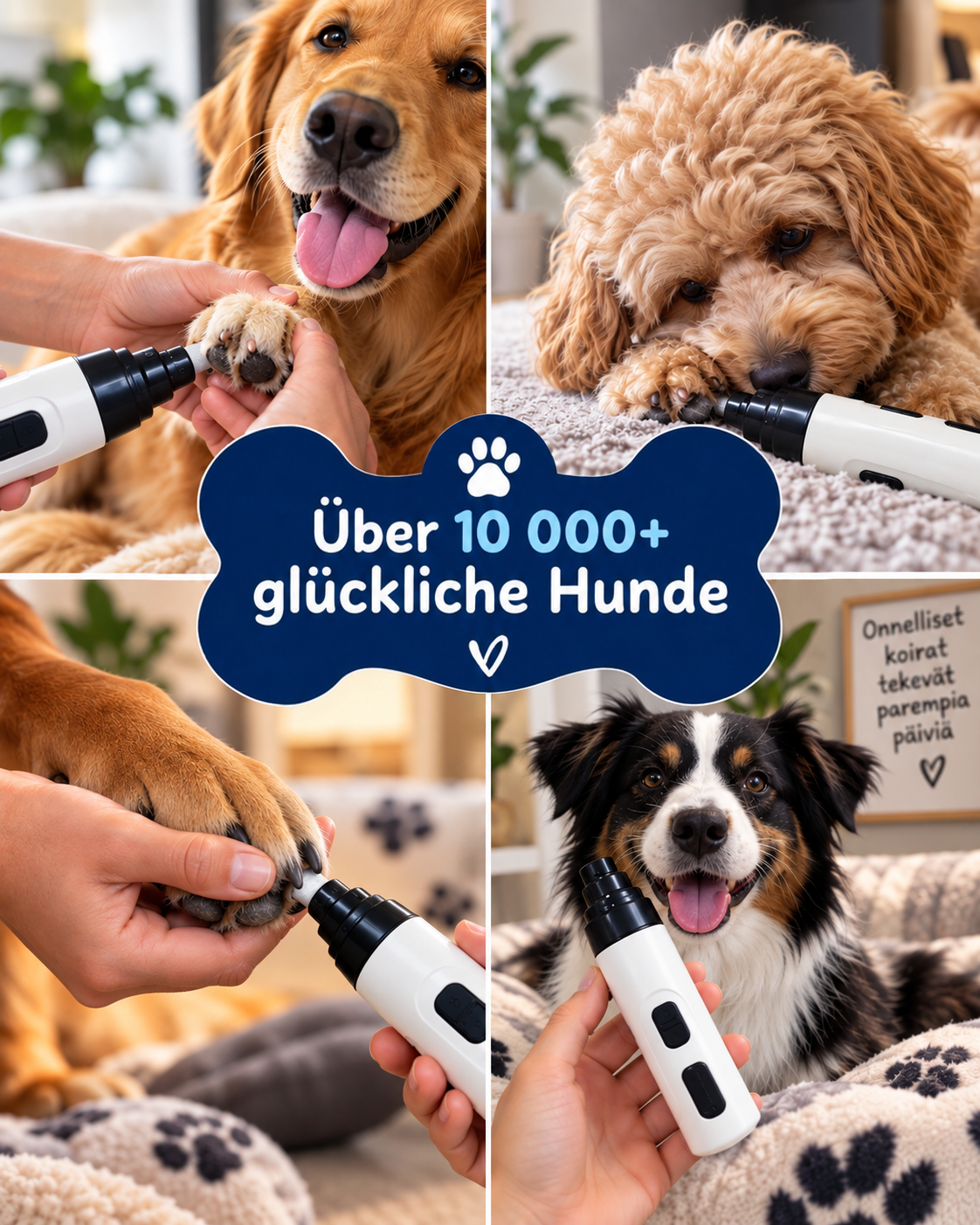 Collage aus vier Hunden verschiedener Rassen, deren Krallen mit dem Schleifer gepflegt werden 10