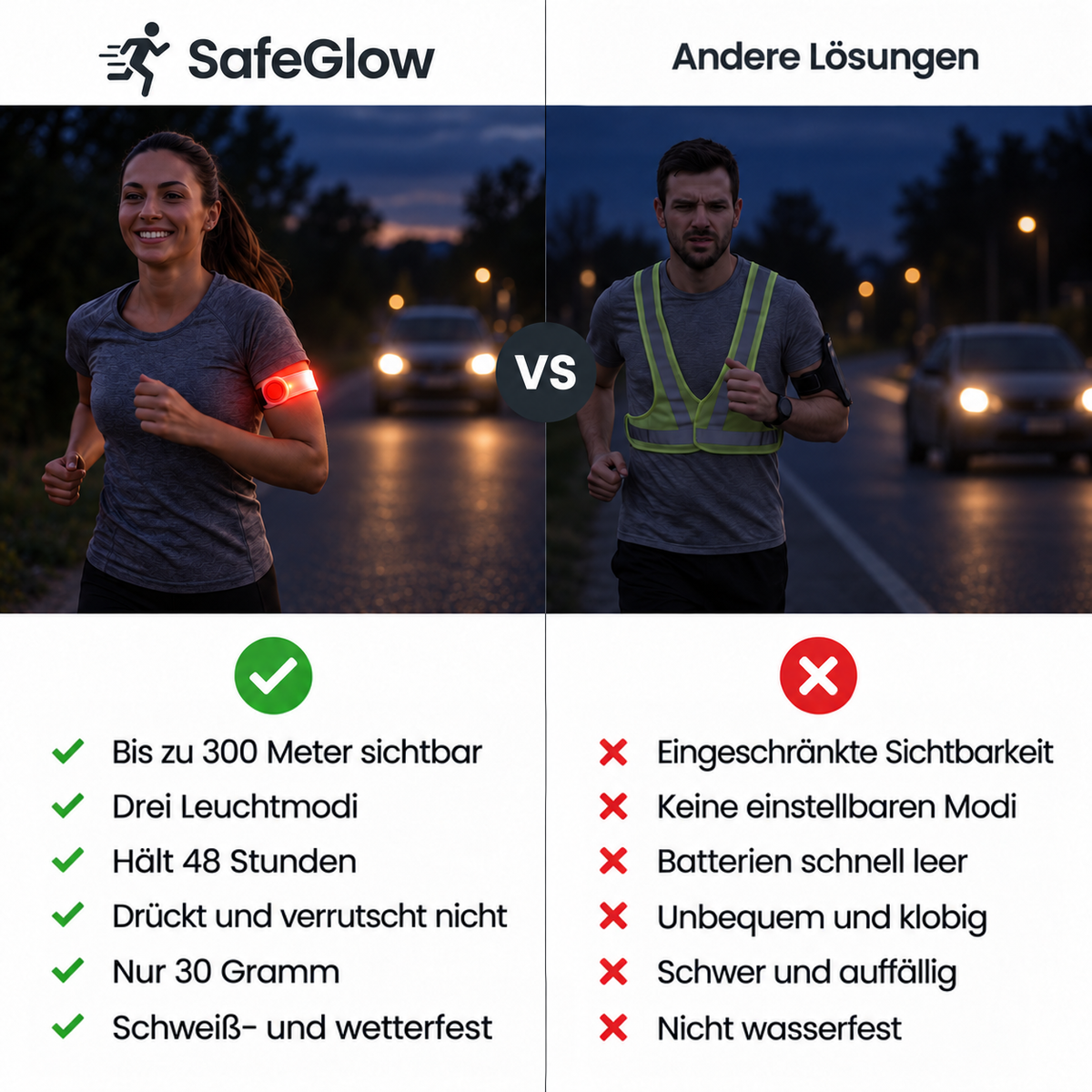 Vergleichsbild: Läuferin mit rot leuchtendem Armband links, Läufer mit Warnweste rechts, darunter Listen mit Vor- und 6