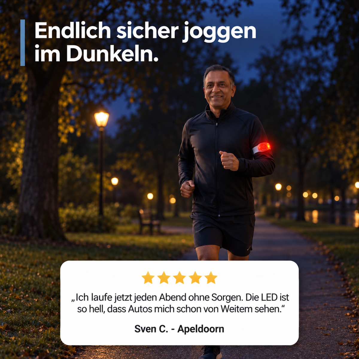 Lächelnder Läufer mit rot leuchtendem Armband joggt abends in einem beleuchteten Park, darunter eine Kundenbewertung 8
