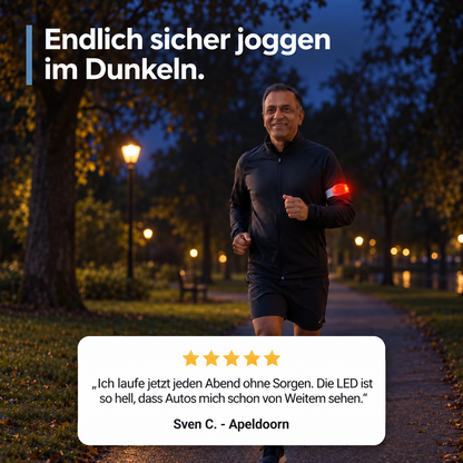 Lächelnder Läufer mit rot leuchtendem Armband joggt abends in einem beleuchteten Park, darunter eine Kundenbewertung 8