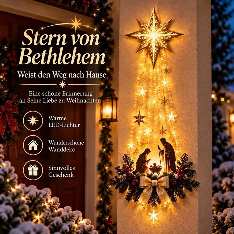 Leuchtender Stern mit Lichterketten und Krippenszene an einer Hauswand neben einer Laterne, umgeben von verschneiten Zweigen 1