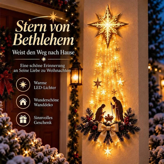 Leuchtender Stern mit Lichterketten und Krippenszene an einer Hauswand neben einer Laterne, umgeben von verschneiten Zweigen 1