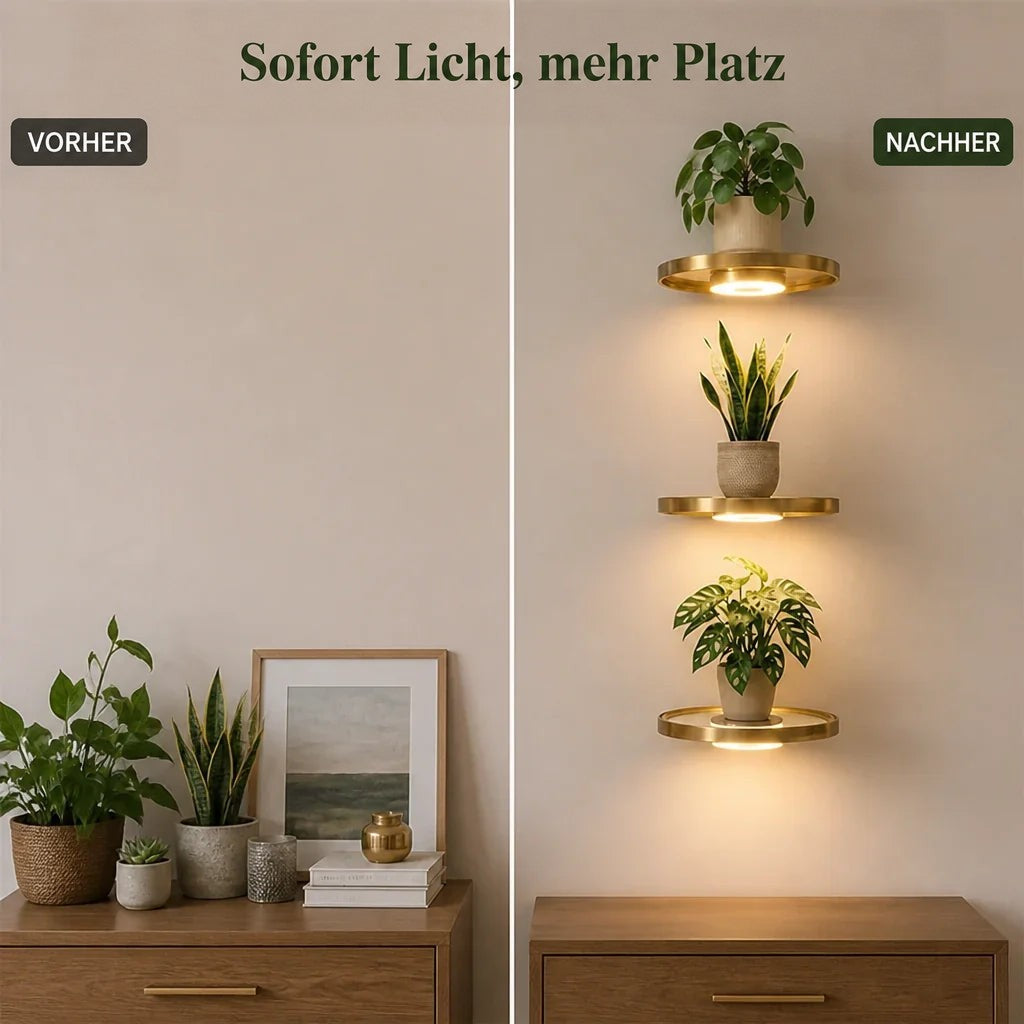 Vorher-Nachher-Vergleich: links eine Kommode mit Pflanzen und Deko auf der Fläche, rechts die freie Kommode und darüber drei leuchtende Wandregale mit Pflanzen. 4