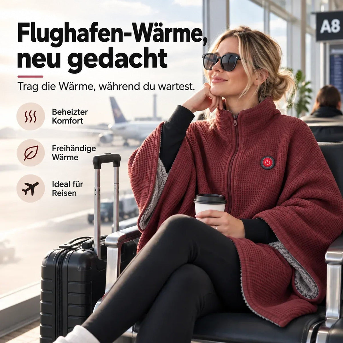 Frau mit Sonnenbrille trägt die rote Waffelstrick-Decke mit Reißverschluss im Flughafen, Kaffeebecher in der Hand, Koffer 1