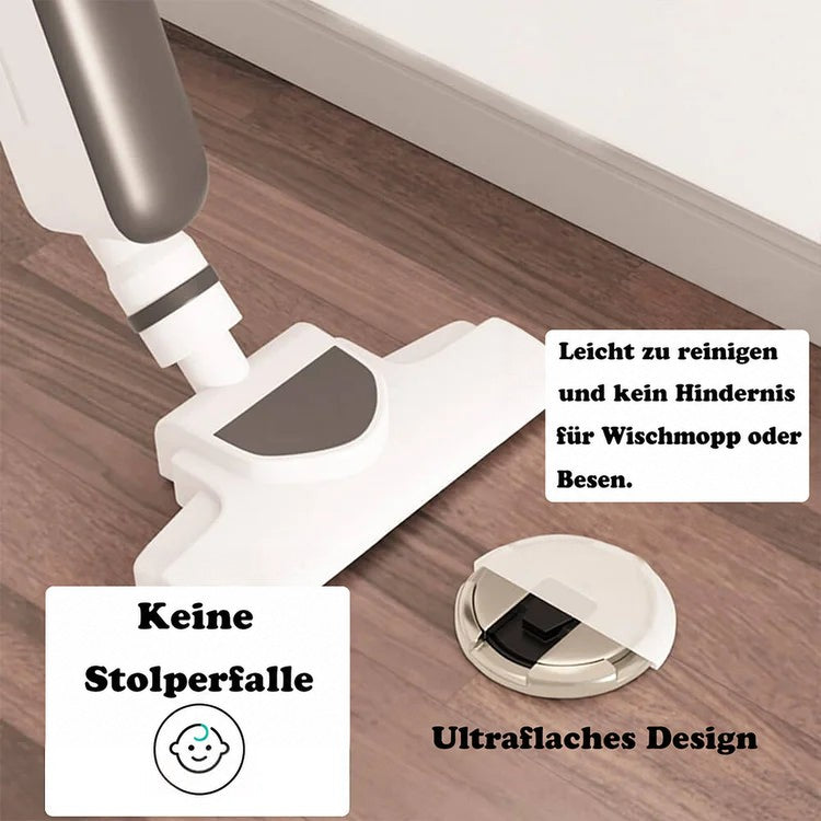 Flacher Türstopper auf Holzboden neben einem Staubsauger, der zeigt, dass er die Reinigung nicht behindert 2