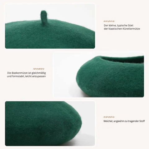 Collage in drei Detailaufnahmen eines grünen Berets: Stiel, geformter Rand und weicher Wollstoff 11