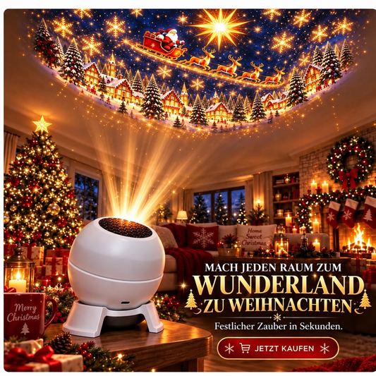 Weißer kugelförmiger Projektor auf einem Holztisch wirft Weihnachtsmann mit Schlitten und Winterdorf an die Decke eines 1