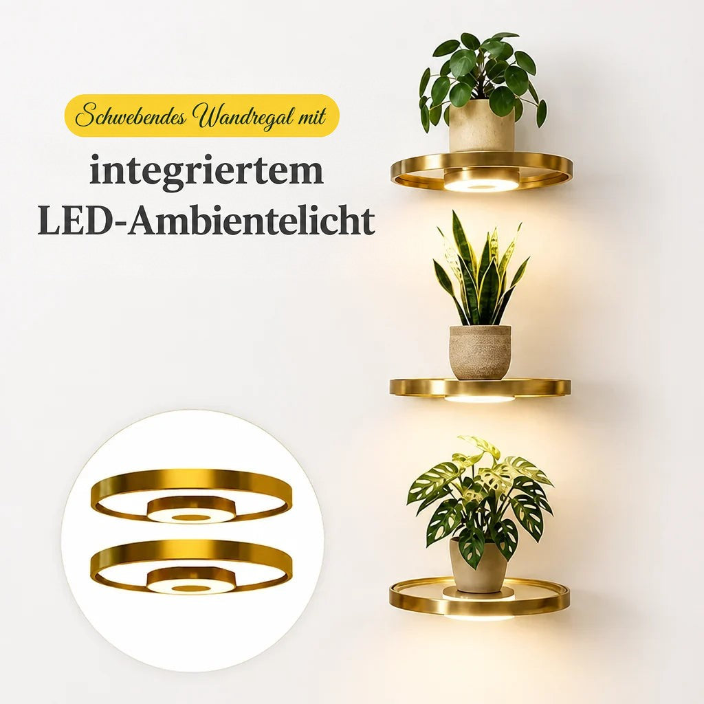 Drei übereinander montierte goldfarbene Wandregale mit Pflanzen und LED-Licht vor heller Wand, links unten zwei einzelne Regale freigestellt. 6