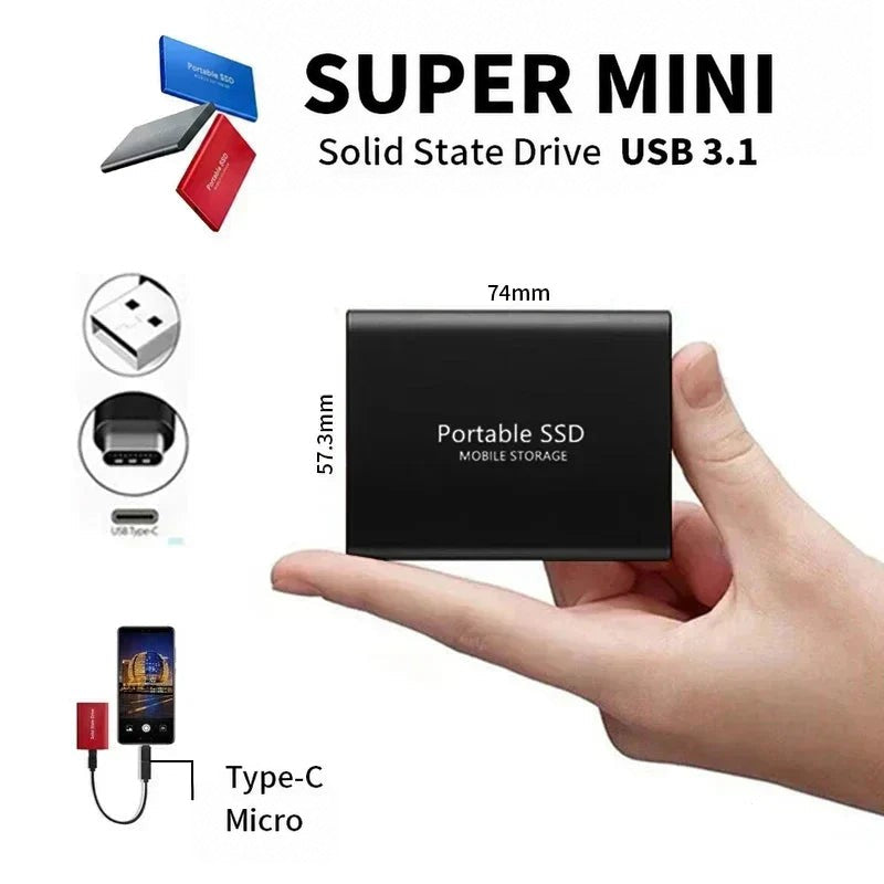 Schwarze SSD liegt auf einer Handfläche und zeigt die kompakte Größe, daneben Anschlussarten und Smartphone-Verbindung 4
