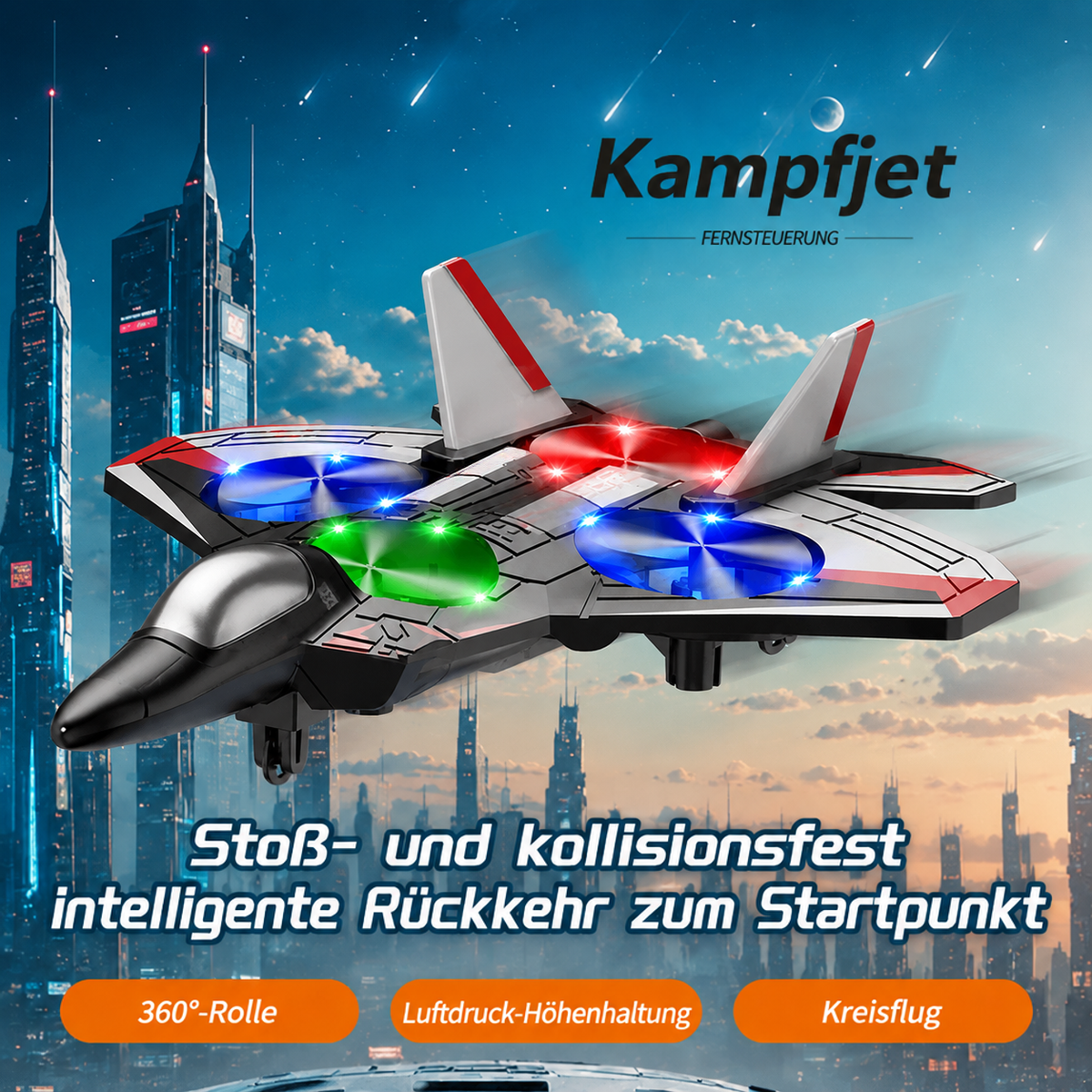 Beleuchtetes Spielzeug-Kampfflugzeug mit roten Akzenten fliegt vor futuristischer Stadt bei Dämmerung, ergänzt durch Hinweise auf Stunts und Stoßfestigkeit. 3
