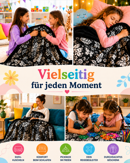 Collage: Mädchen mit Decke, schlafendes Kind, Frau auf dem Sofa und zwei Mädchen beim Ausmalen 5