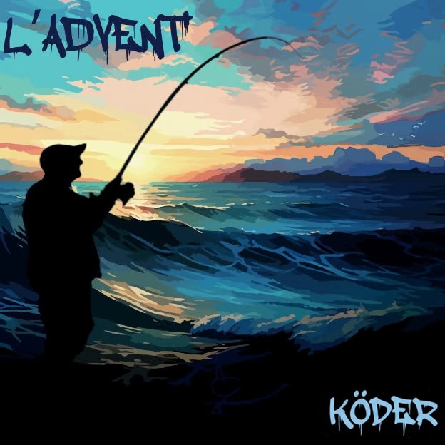 Motiv ohne Türchenzahlen: Silhouette eines Anglers mit gebogener Rute vor Meer und buntem Sonnenuntergang 5