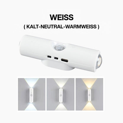 Weiße Wandleuchte mit Bewegungssensor und USB-C-Anschluss, darunter drei Lichtfarben von Kaltweiß bis Warmweiß 1