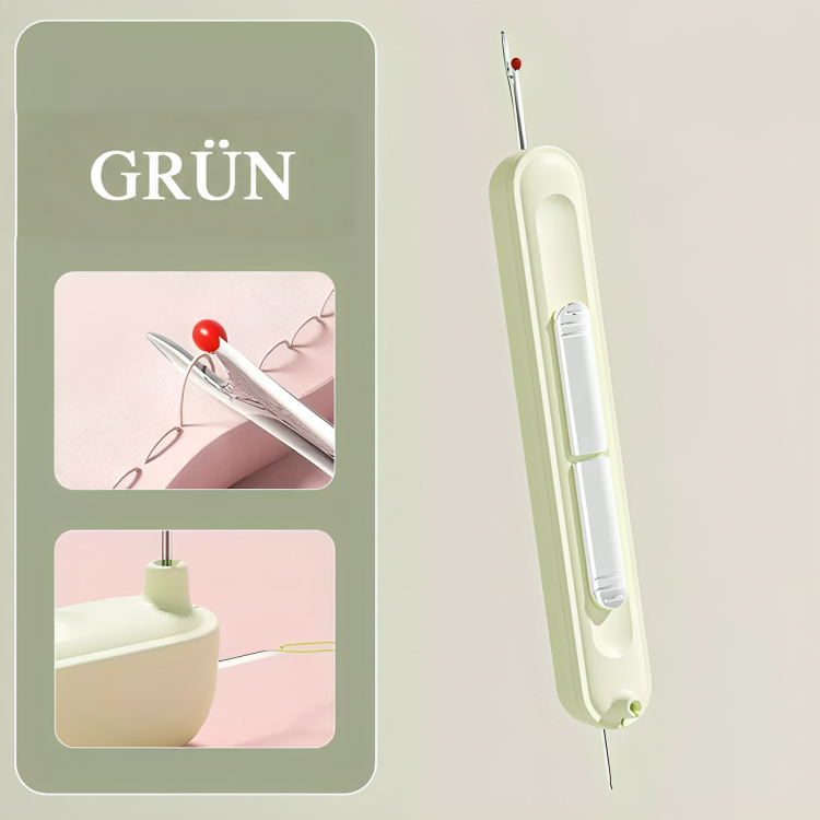 Grünes Gerät in der Farbvariante mit zwei kleinen Anwendungsbildern zum Auftrennen und Einfädeln 7