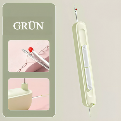 Grünes Gerät in der Farbvariante mit zwei kleinen Anwendungsbildern zum Auftrennen und Einfädeln 7
