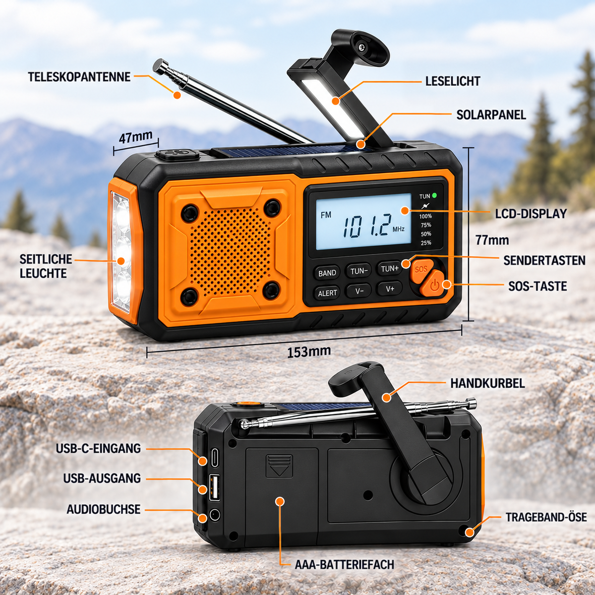 Beschriftete Detailansicht von Vorder- und Rückseite mit Antenne, Solarpanel, Tasten, Anschlüssen, Batteriefach, Kurbel und 4