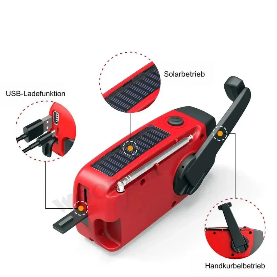 Rotes Radio von oben mit Beschriftungen, die Solarpanel, ausklappbaren USB-Anschluss und Handkurbel als Stromquellen 3