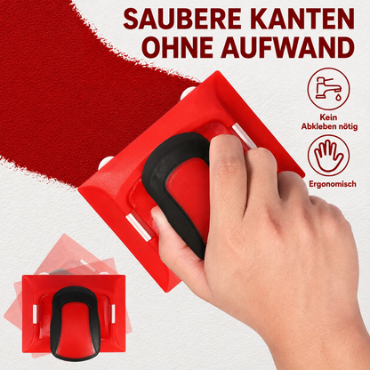 Hand führt das rote Werkzeug an einer frisch roten Farbfläche entlang, kleines Bild zeigt die Oberseite 3