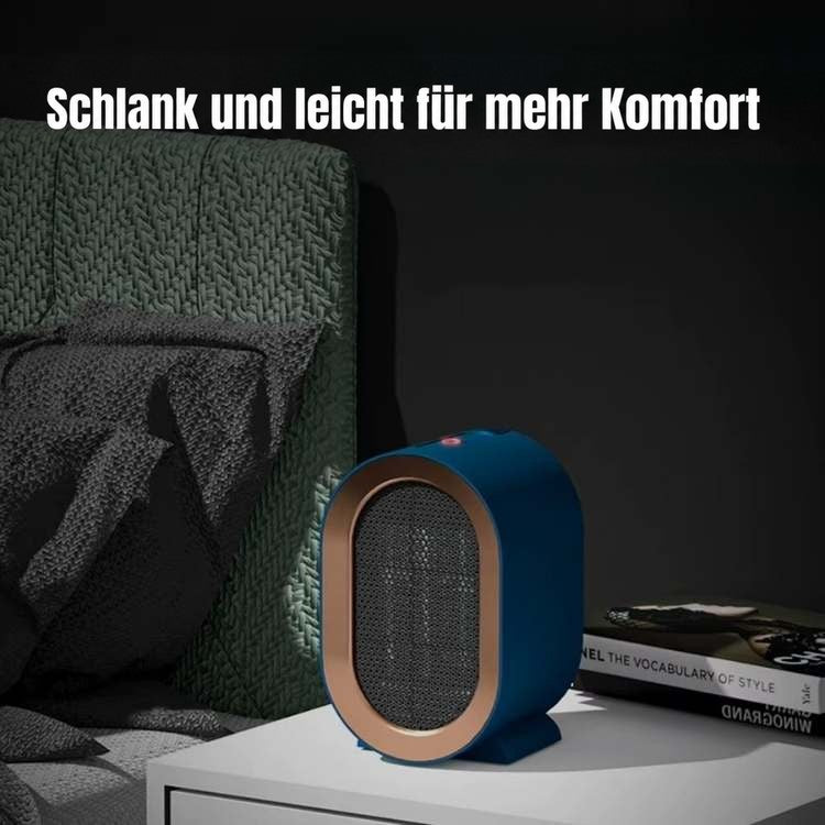 Blaue Heizung mit leuchtender roter Anzeige auf einem weißen Nachttisch im abgedunkelten Schlafzimmer 2